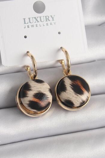 Inure Jewelry Brass Gold Color Leopard Patterned Circle Model Women's Earrings Daily Use