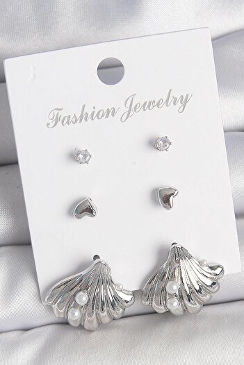 Inure Jewelry Brass Silver Color Zircon Stone Detailed Pearl Detailed Seashell Model 3 Pairs Women's Earrings Daily Use