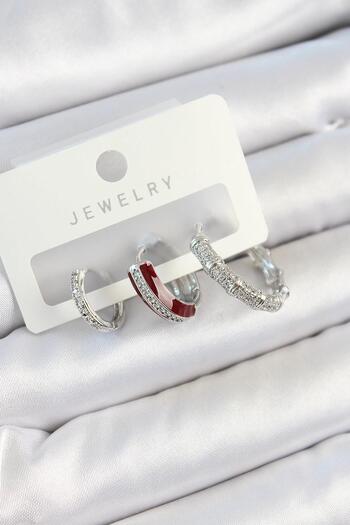 Inure Jewelry Brass Zircon Stone Burgundy Pink Hoop Model Silver Color 3-Piece Pair Women's Earring Set Daily Use