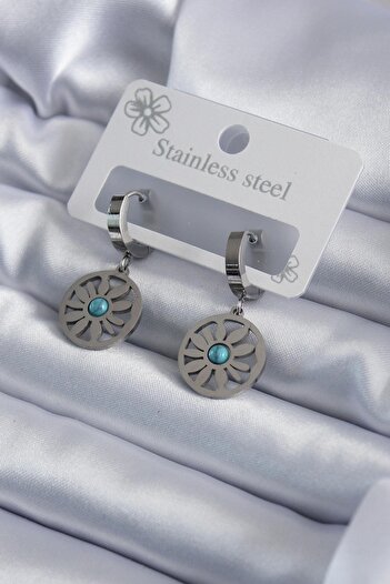 Inure Jewelry 316L Steel Silver Color Daisy Model Blue Stone Detail Women's Earrings Daily Use