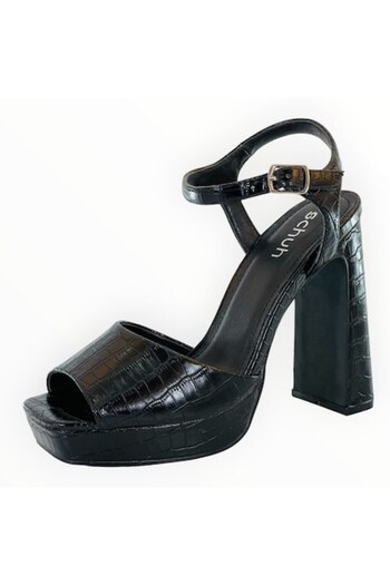 schuh Sandals with Massive Heel Black Faux Croc Leather Size 38 EU