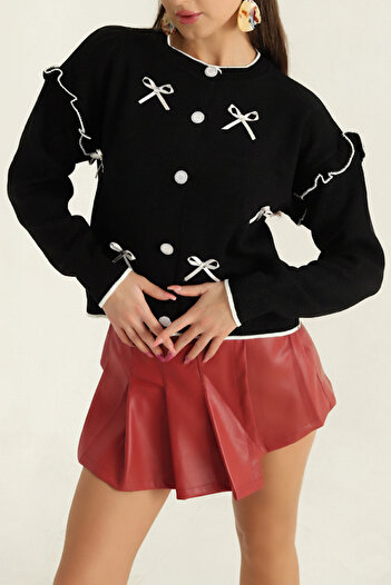 MILANOFOX Women's Ruffle Detailed Ribbon Decorated Buttoned Long Sleeve Knitwear Cardigan