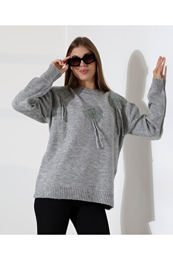 MILANOFOX Women's Floral Applique Beading Embroidered Long Sleeve Crew Neck Knitwear Sweater