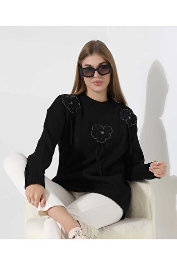 MILANOFOX Women's Floral Applique Beading Embroidered Long Sleeve Crew Neck Knitwear Sweater