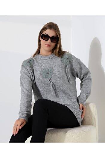 MILANOFOX Women's Floral Applique Beading Embroidered Long Sleeve Crew Neck Knitwear Sweater