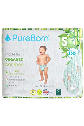 PUREBORN Organic Diaper Size 5 Eco-Friendly Bamboo Diaper 11-18Kg Bundle Pack 132 Diapers