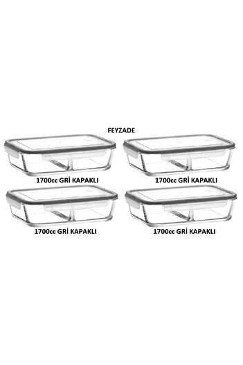 LAV Feyzade Fresh Two-Section Interlocking Glass Storage Container Set of 4 1700Cc Rectangular (Frs-299) Gray Lid