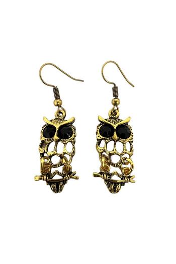 Pursehuit Golden earrings, owl shape, with black stones, Rasmus C1