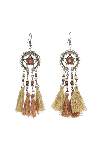 Pursehuit Long golden earrings with tassels and brown beads, Lasse C1