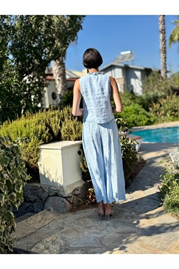 Punta Otantik Nc14092 Ruffled Sleeveless Italian Linen Suit Baby Blue