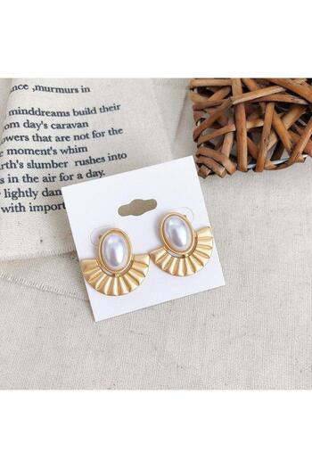 Pursehuit Golden earrings, with clips, fan shape, with pearl, Eleanore C6 OUT