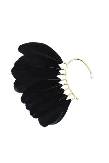 Pursehuit Ear cuff earring, gold, with black feathers, Robin C2