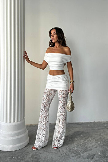 XXL BUTİK Women's White Lace Detailed Pants Crop Set X-Nbdf160