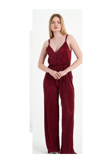MOREPERLA Women's Burgundy Strappy Belted Low-Cut Backless V-Neck Fleece Jumpsuit