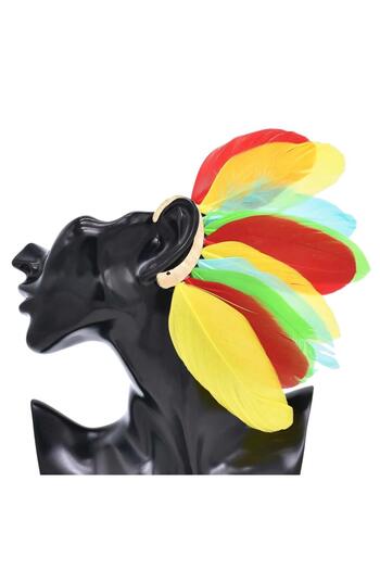 Pursehuit Gold hippie style ear cuff with multi-colored feathers, Kaleb C4