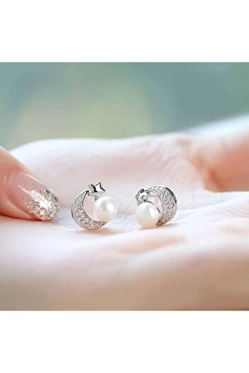 Pursehuit Silver earrings, crescent shape, with zirconia stones and pearls, Alena C15
