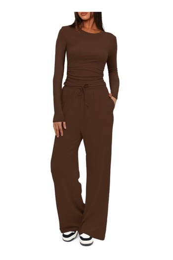 SOLOBUY Pyjamas Set Jersy Women's Long-Sleeved, Elastic Waist, Collar Round, Pants