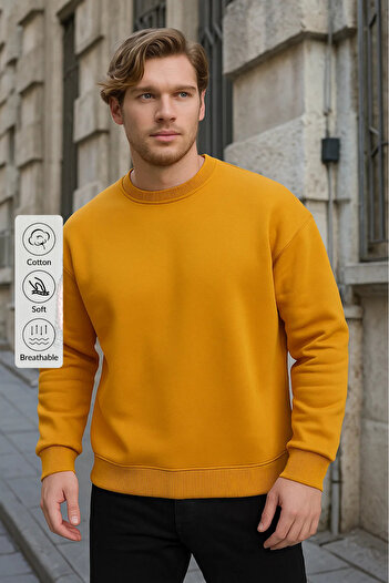 COMBİNE MİCHAİL Men's Crew Neck Casual Mustard Sweatshirt