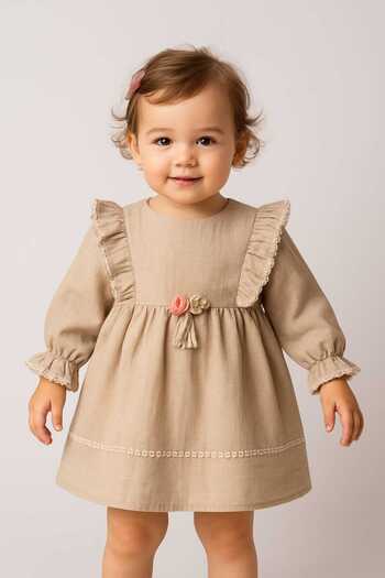 Pio Kids Cotton Comfortable Long Sleeve, Brooch and Lace Detailed Muslin 6-24 Months Girl's Baby Dress