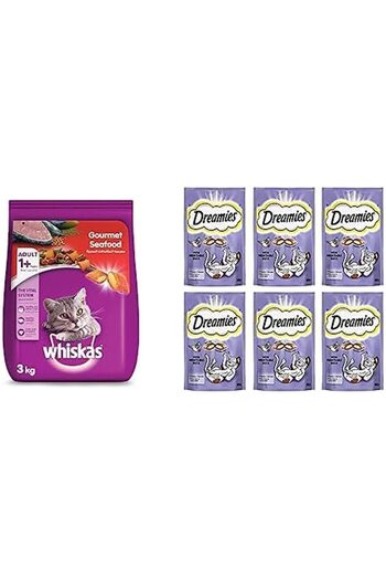 Whiskas Gourmet Seafood Dry Food, Bag of 3kg + Dreamies Cat Treats, Duck, 60G X 6