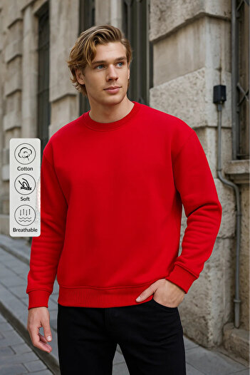COMBİNE MİCHAİL Men's Crew Neck Casual Red Sweatshirt