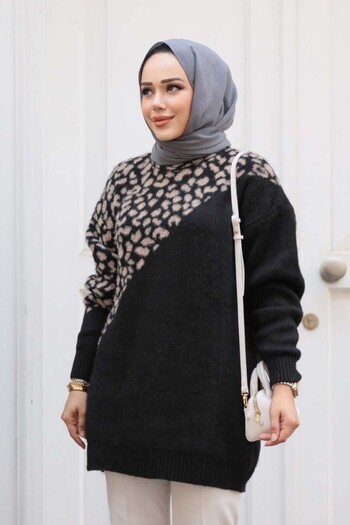 N.S NEVA STYLE Patterned Black Hijab Knitwear Sweater Tunic 8818S