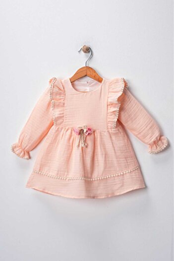 Pio Kids Cotton Comfortable Long Sleeve, Brooch and Lace Detailed Muslin 6-24 Months Girl's Baby Dress