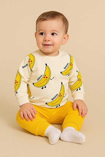 dinamik çocuk Muz Banana Baskılı Bebek Takımı Mevsimlik 2li Alt Üst Unısex Aylık 3-6-9-12ay