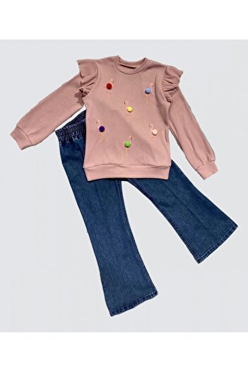 shopwave 4-5-6 Years Old Flamingo Patterned Combed Cotton Sweat Long Sleeve 2-Piece Girls' Set with Jeans
