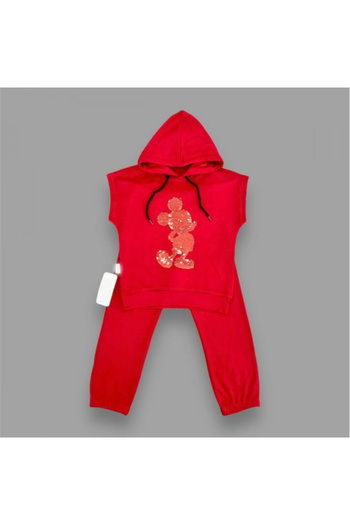 AMALFİ Mickey Patterned Hooded Sequined Short Sleeve Kids Set - 3-4-5 Years Set of 2