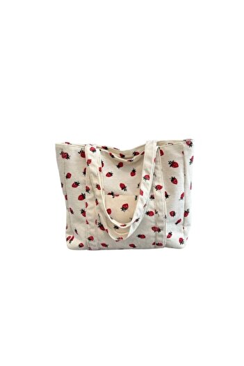 The Casius. Geanta tote, material textura raiata, model Capsuni, culoarea alb