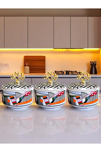 ferayhome Kitchen Accessory Set of 3 Breakfast Storage Containers Geometric Checkered Pattern Gold