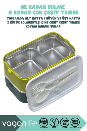 Vagonlife Bento 1000ml Lunchbox New Collection 2 Layer 3 Compartment Stainless Steel Lunch Box Food Container
