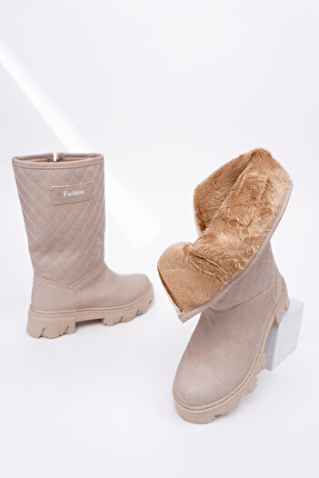 McDark Girls' Long Beige Zippered Fur Boots