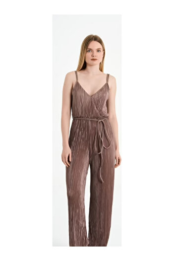 MOREPERLA Women's Mink Strap Low-Cut Backless V-Neck Furry Jumpsuit