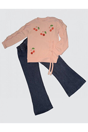 shopwave 4-5-6 Years Old Cherry Patterned Combed Cotton Sweat Long Sleeve 2-Piece Girls' Set with Jeans