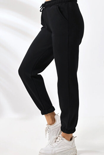 INFLUYENTE Women's Black Regular Winter Cotton-Lined Elasticated Leggings Sweatpants