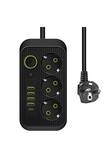 Bogadini EU Plug Power Strip 2 M Extension Cable 3 AC Outlets Socket with 4 USB 1 Type C