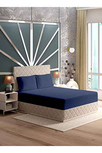 American Linen King Plain Fitted Elastic Bedsheet with 2 Pillow Case 200 x 200 Cm Navy Blue