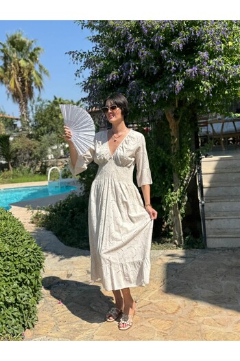Punta Otantik YG2050799 Italian Brocade Elastic Waist Dress Beige