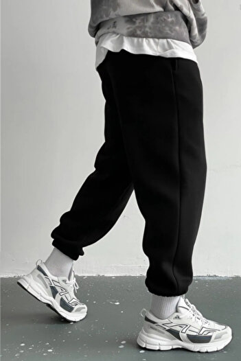 INFLUYENTE Men's Black Winter Fleece-Lined Comfortable Fit Sweatpants with Elasticated Cuffs and Waistband