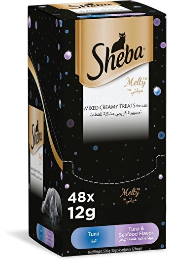 SHEBA Cat Food, Melty Mixed Creamy Treats Tuna & Tuna & Seafood Flavor, 2 Pouches Tuna, 2 Pouches