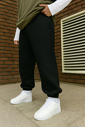 INFLUYENTE Men's Black Winter Thick Fleece-Lined Comfortable Fit Elastic Cuffed Sweatpants