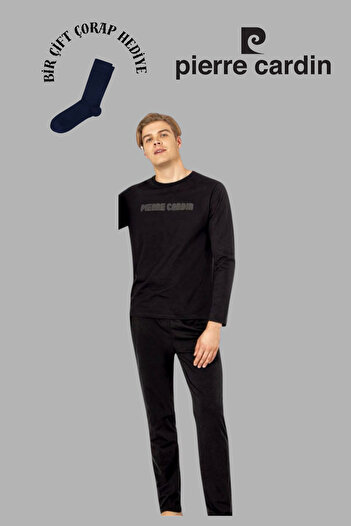 Pierre Cardin Men's Black Long Sleeve Cotton Pajama Set with 1 Pair of Socks as a Gift