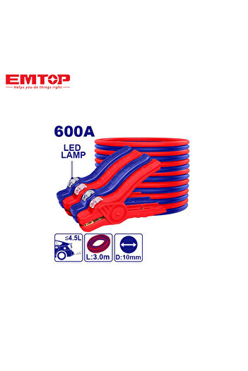 EMTOP 600A Battery Jump Cable with LED Light - For Emergency and Cars Up to 4.5L