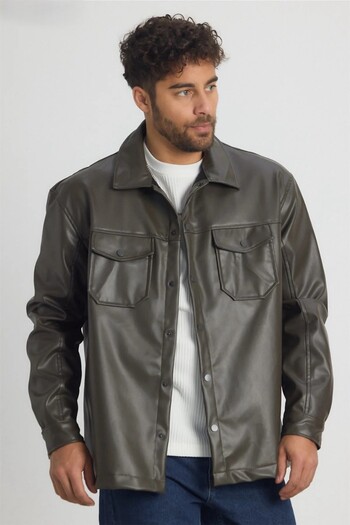 MADZEYMODA Premium Men's Comfortable Fit Fleece Lined Khaki Sports Leather Jacket Ls-58543