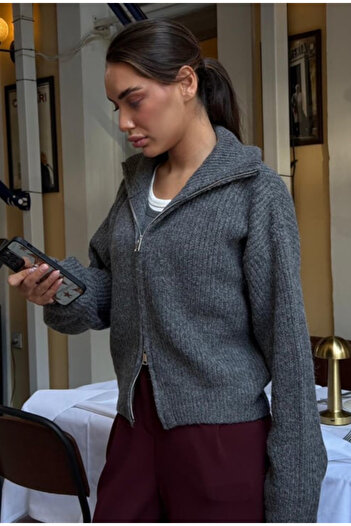 Molly Nelly Women's Winter Double Zipper Basic Knit Cardigan