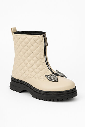 Zilvana Girl's Zippered Quilted Patterned Winter Boots with Stone Bow Detail