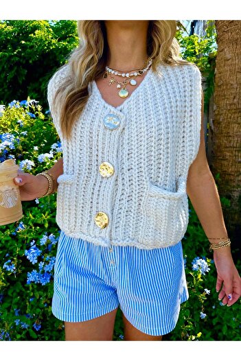 NATUFIAN STORE Women's Metal Buttoned Thick Knitted Sweater Vest Cardigan