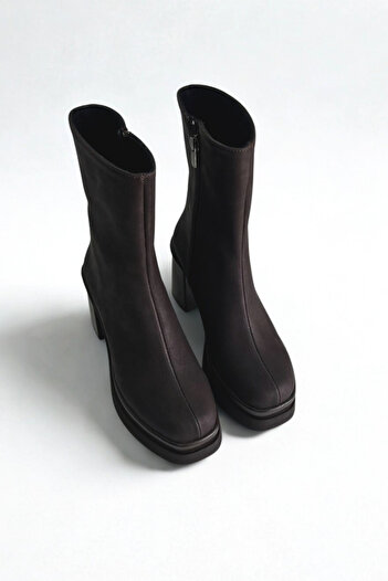 inizio Brown Nubuck Thick Heeled Women's Boots P8023
